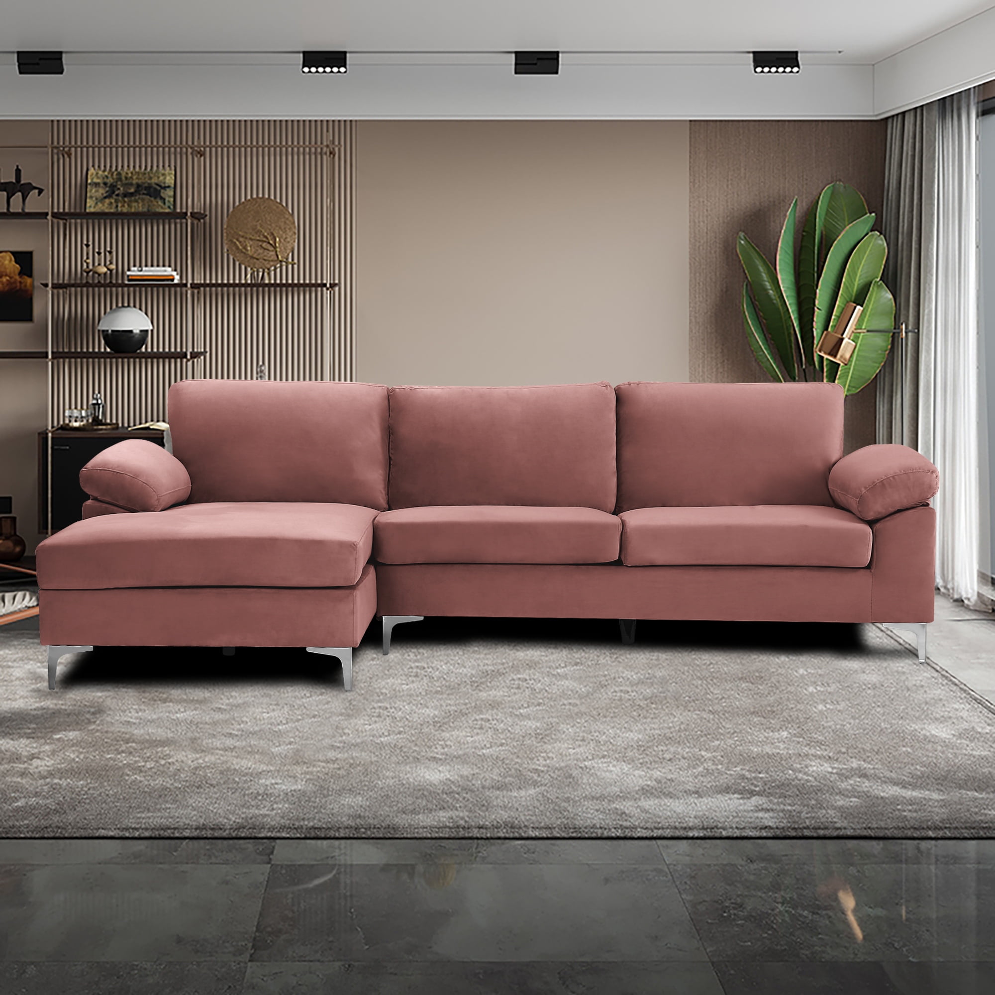 Velvet Sectional Sofa, Pink Sectional Sofa with Metal Legs, Left Hand