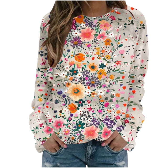 KIHOUT Chandails pour Femmes en Liquidation, Blouses à Manches Longues Col Rond Imprimé Floral Ample Automne Hiver, Tailles P-2TG