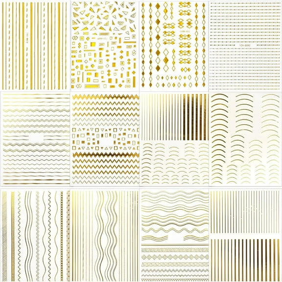 Monebena 12 Sheets Gold Nail Stickers Gold Line Nail Decals 3D Self Adhesive Metal Geometric Stripe Wave Nail Sticker Gold Nail Art Designs Nail Art Supplies for Women Manicure Decorations