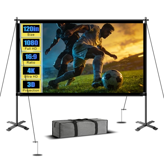 120inch Outdoor Projector Screen with Stand, 16:9 4K HD Portable Projector Screen with Carry Bag, Indoor Movie Projection Screen for Backyard, Camping, Home Theater