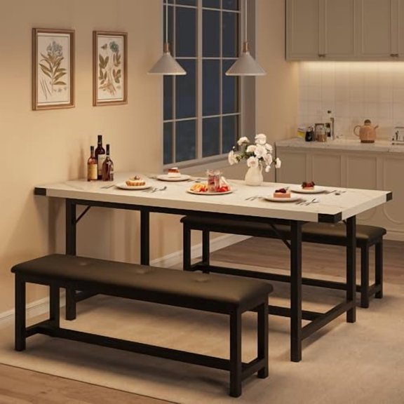 3‑Piece Expandable Dining Set for 4‑6, Folding Table & Thick Cushion Benches