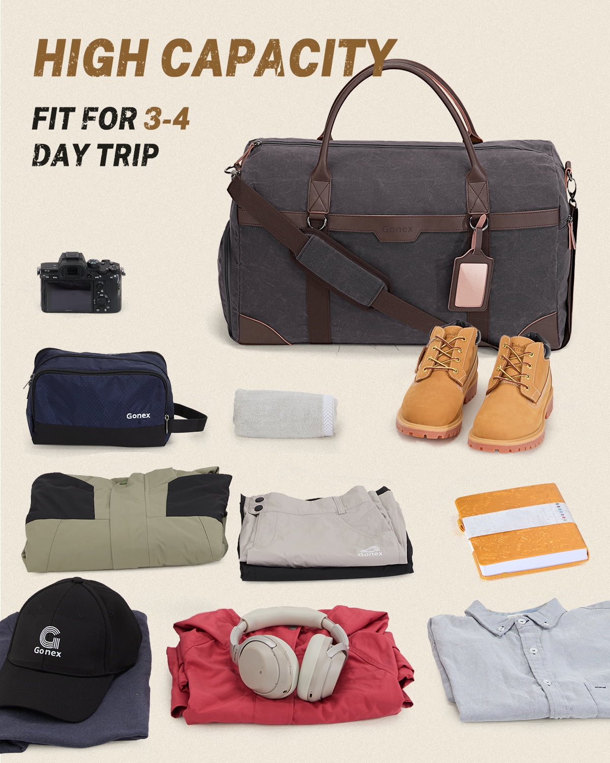 Gonex Waxed Canvas Duffle Bag, 55L Water-Resistant Travel Duffel, Vintage Overnight Weekender Bag with Shoes Compartment for Men & Women