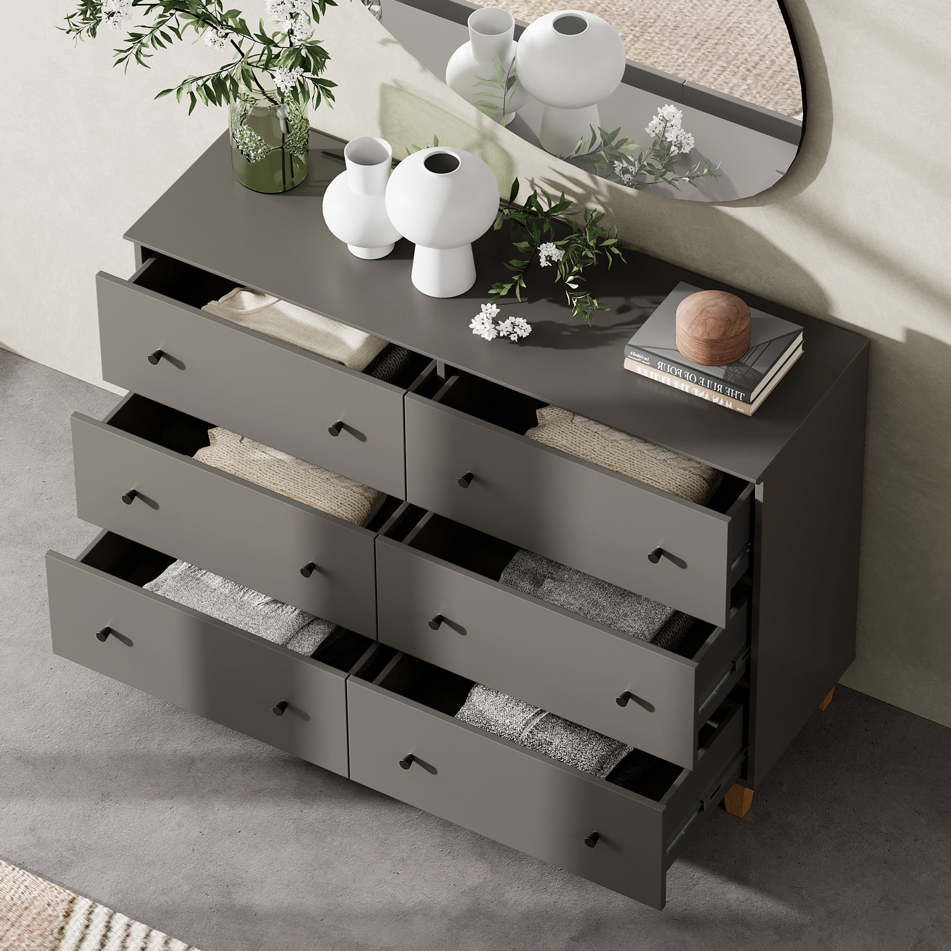 WAMPAT Dresser with 6 Drawers for Bedroom, Modern Wood Wide Double Dressers with Chest of Drawers, Dark Grey