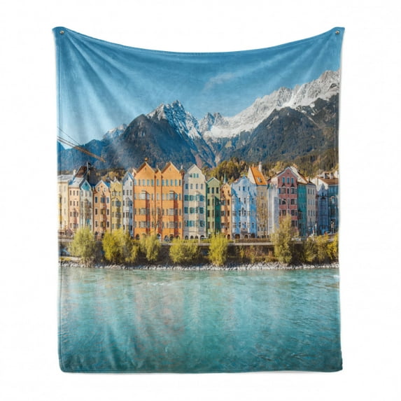 Landscape Soft Flannel Fleece Throw Blanket, Panorama of Historic City Centre of Innsbruck Houses Along Inn River Austrian, Cozy Plush for Indoor and Outdoor Use, 70" x 90", Multicolor, by Ambesonne