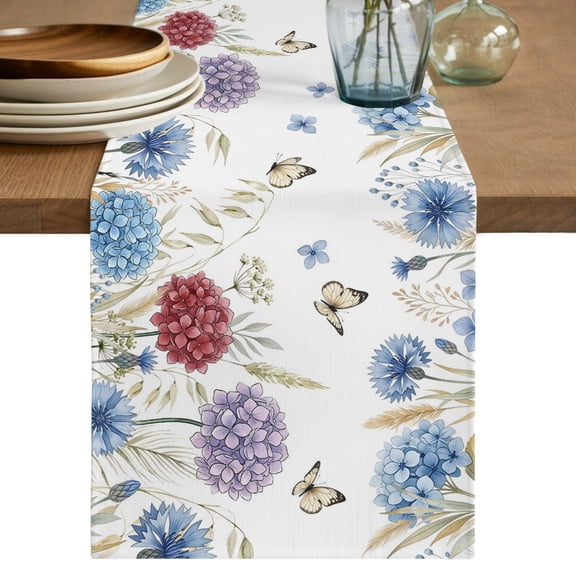 Table Runners 70 Inches Long Dress Scarves, Blue Purple Red Hydrangea Farmhouse Coffee/Dining/Kitchen Table Decor, Holiday Table Runner, Country Butterflies Flowers Plant 13x70 Inch