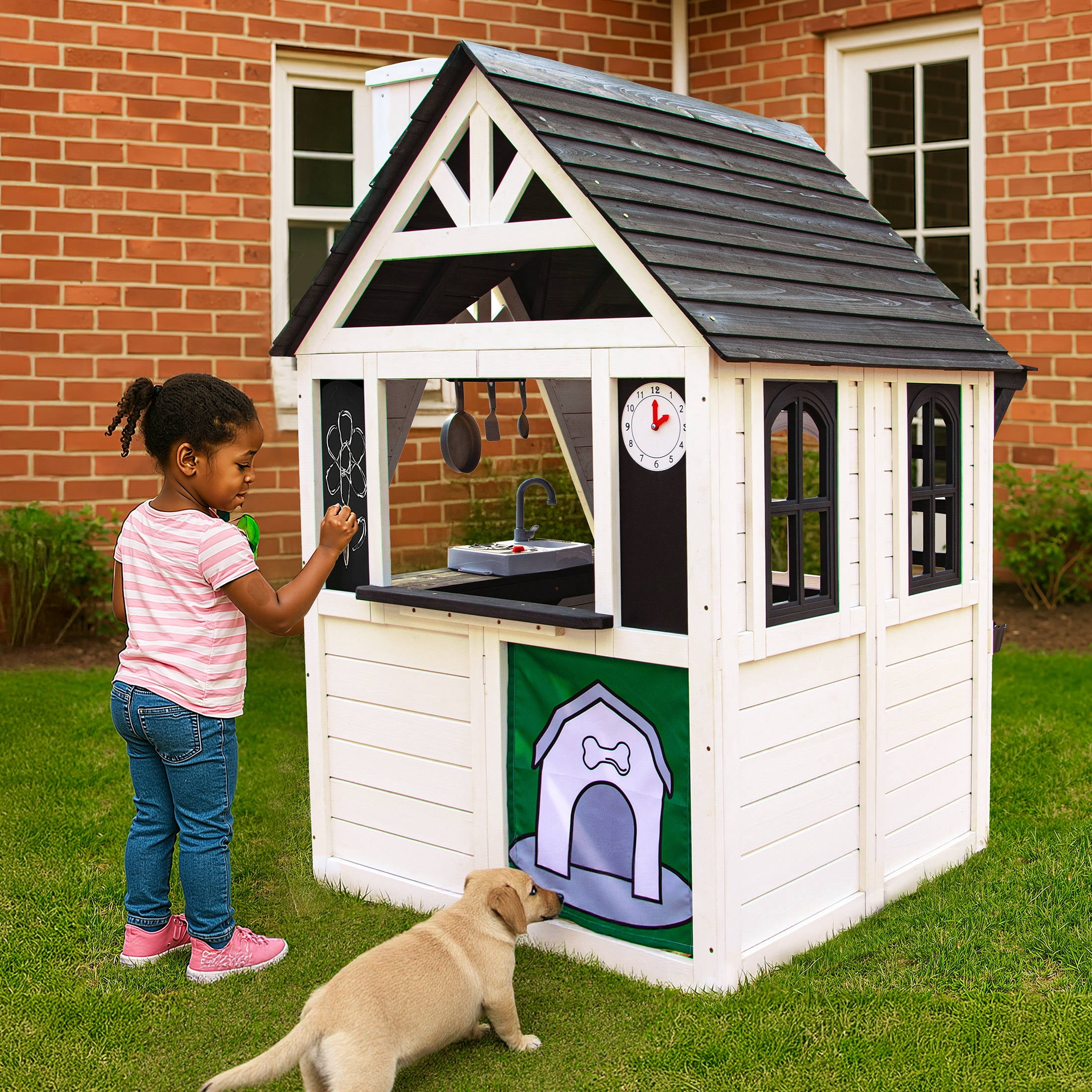 COCLUB Outdoor Playhouse for Kids Ages 4-8, Wooden Play House with Doorbell, Phone, Kitchen Toys, Outdoor Kids Play Equipment, Casa Para Niñas (45”L x 65”H), White & Black
