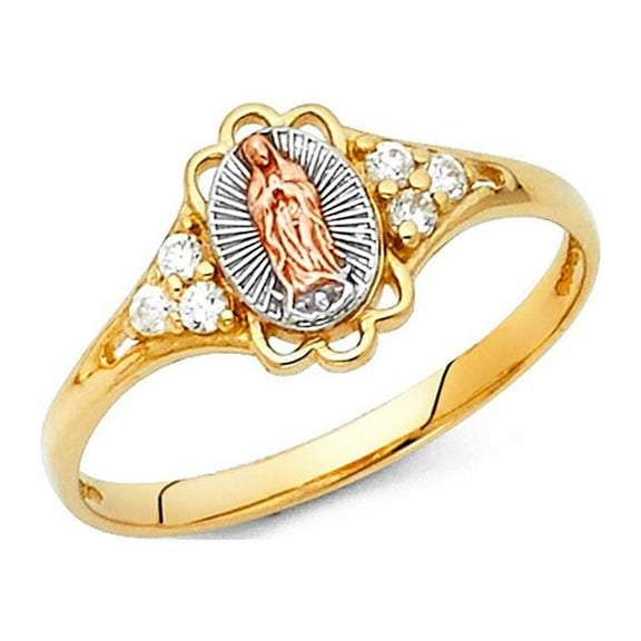 14k Tri Color Italian Gold CZ 9mm Virgen Guadalupe Ring Oval Shape Prong