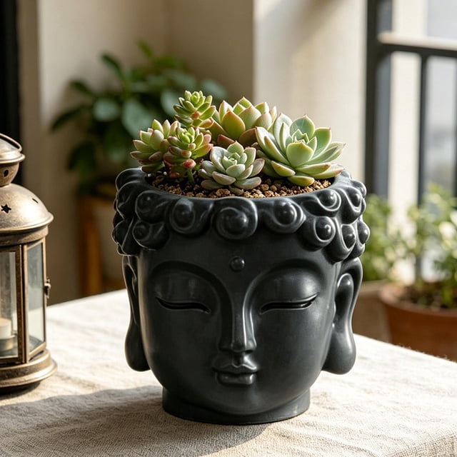 Maceta con forma de cabeza de Buda, adorno de vinilo, estatua decorativa para plantas de interior, contenedor para plantas, ideal como centro de mesa Gris