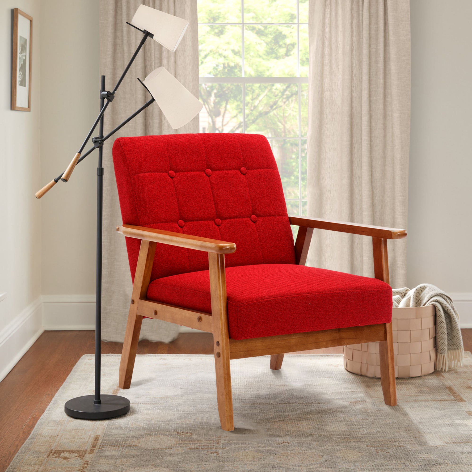 Miniyam Mid Century Modern Accent Chair with Wood Frame,Linen Fabric Single Reading Chair,Armchair for Living Room Bedroom Home Belcony Office,Red