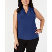 Anne Klein Womens Pleat Surplice Sleeveless Blouse Top, Blue, 3X