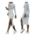 thumbnail image 4 of Seyurigaoka Women's Ribbed Knit Long Dress Mock Neck Long Sleeve Cutout Split Hem Bodycon Dress, 4 of 5