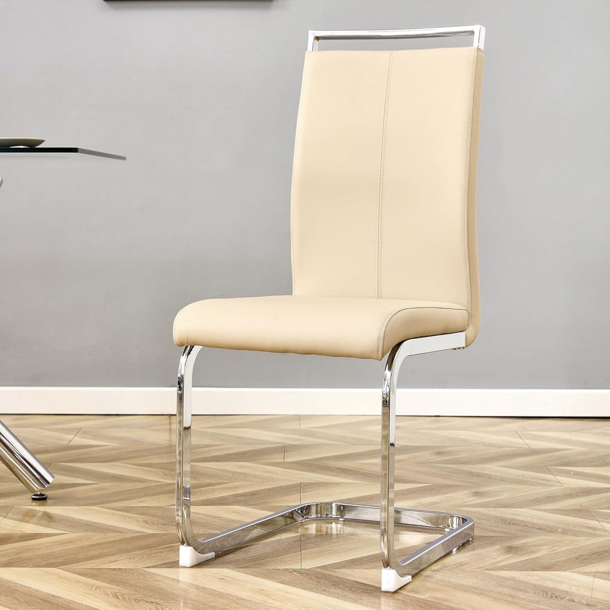 SUDICA Dining Chairs Set of 2, Modern Beige PU Leather High Back Side Chairs with Chrome Metal Legs for Dining Room
