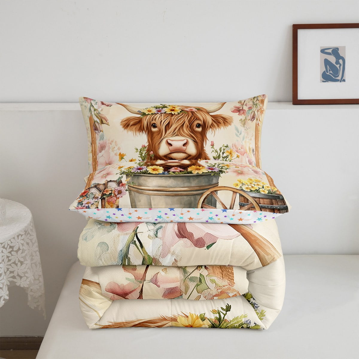 Erosebridal Kawaii Highland Cattle Comforter Sets Twin Size, Western Cowboy Cowgirl Boots Comforters & Duvets, Colorful Flower Room Decor, Reversible 2pcs