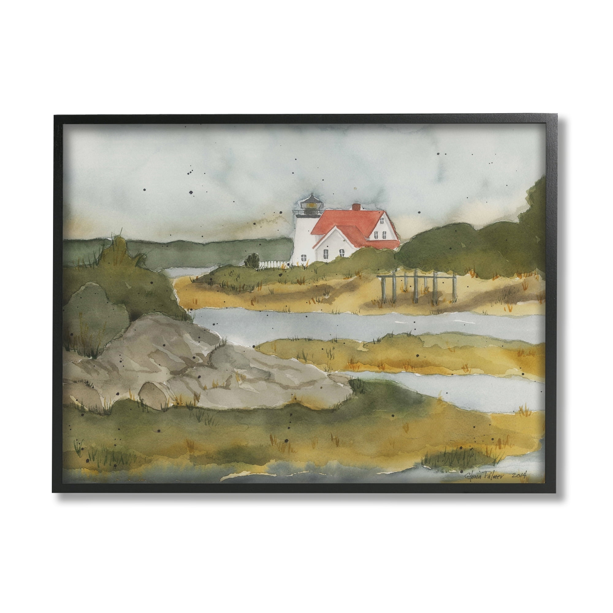 Stupell Industries Lighthouse Beacon Coastal Shore Landscape Painting Gray Framed Art Print Wall Art
