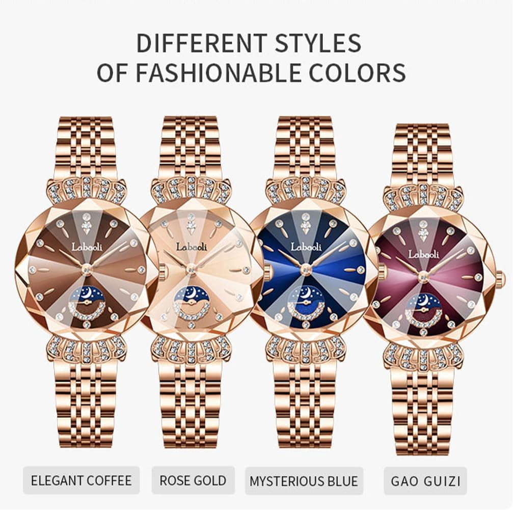 Watches for Women Rose Gold Stainless Ladies Female Fashion Luxury Diamond Dress Business Waterproof Quartz Wife Gifts Crystal Blue Wrist Watch