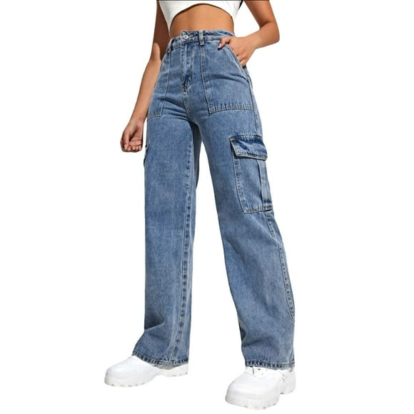 2025 Womens Pockets Jeans Women Wide Pants High Waist Jean Trousers Casual High Waist Cotton Denim Street Loose Cargo Pants Mod Mom Pockets Jeans Trousers