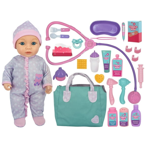 Cuddle Kids: Baby's First Check Up - 15" Doll - Pink & Purple - 20pc Medical & Care Accessories, Hard Body, Doctor Hospital Pretend Play Toy, Kids 3 