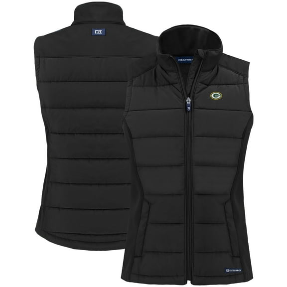 Women's Cutter & Buck Black Green Bay Packers Primary Mark Evoke PrimaLoft Hybrid Eco Softshell Recycled Full-Zip Vest