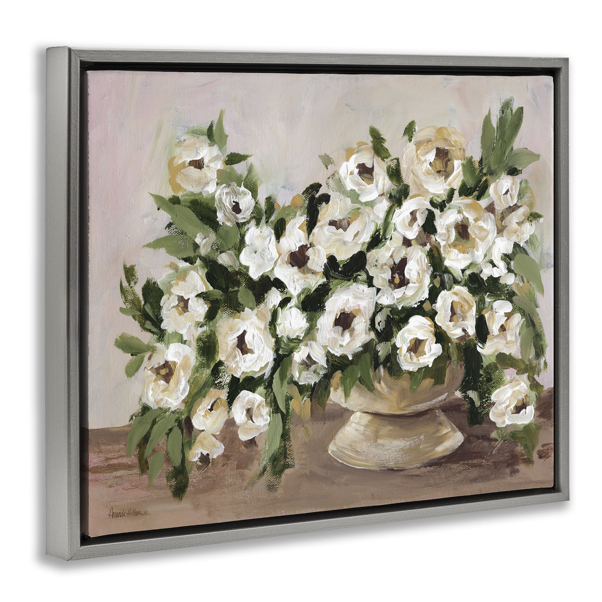Stupell Industries Traditional Beige Flowers Plants & Flowers Painting Gray Floater Framed Canvas Art Print Wall Art, 31 x 25