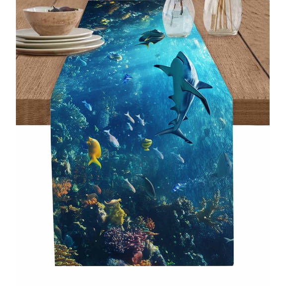 Ocean Seabed Table Runner 70 Inches, Summer Blue Retro Coastal Coral Bed Runner Dresser Scarves Tabletop for Indoor Outdoor Parties/Ceremony/Banquet, 13" x 70"