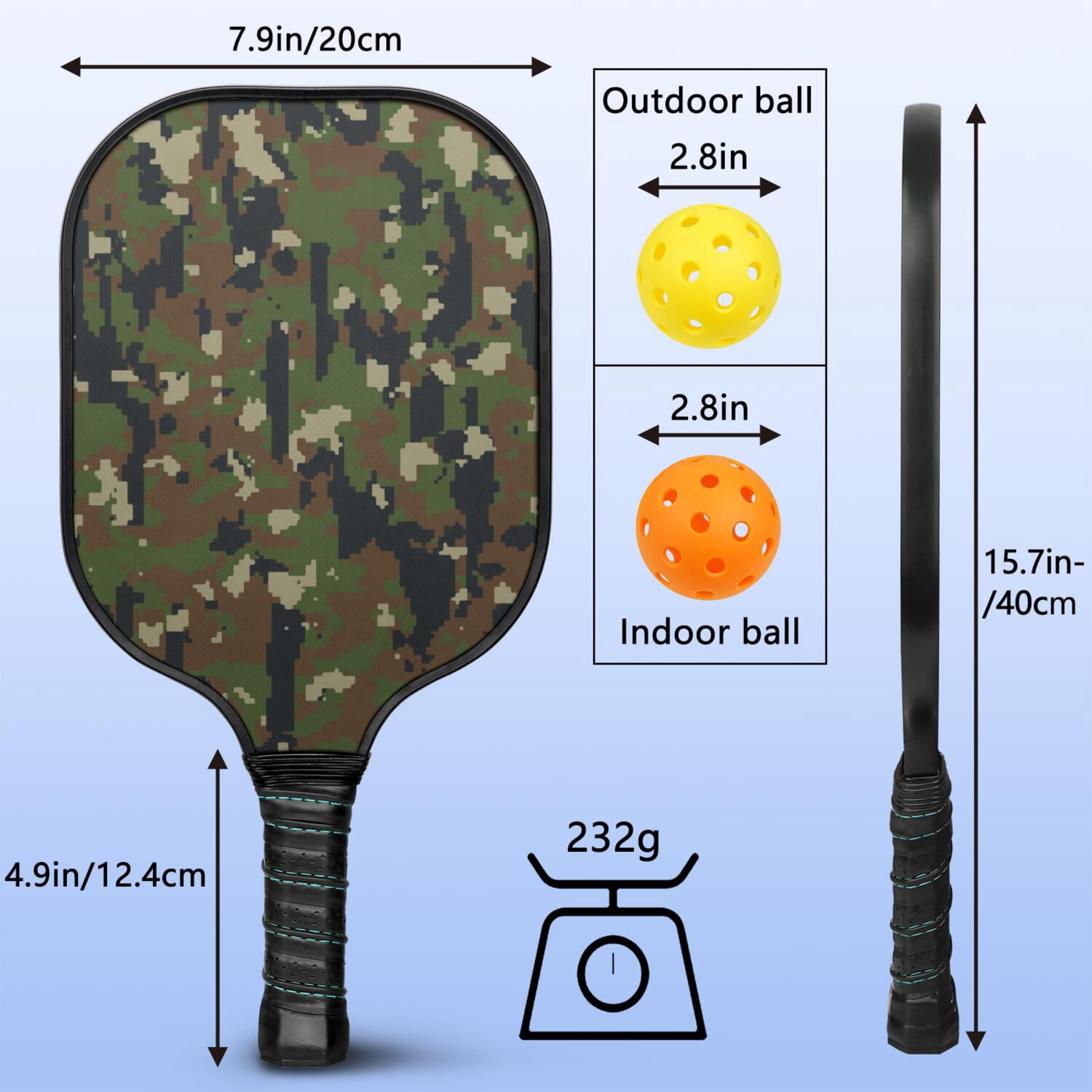Pickleball Paddles Set Of 1, Fiberglass Surface, Camouflage Print, 1 Paddle, 2 Balls & Bag