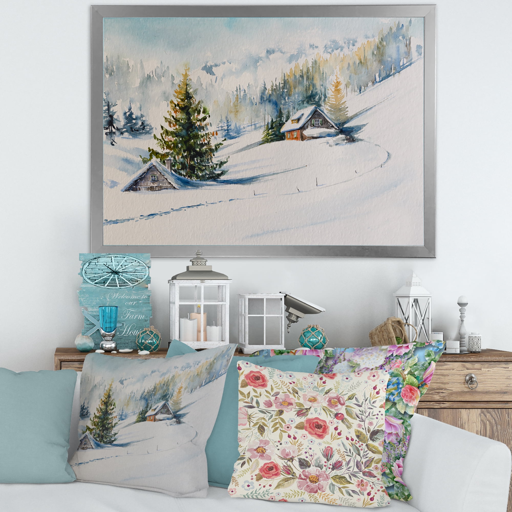 Designart 'The Winter Mountains With Little House' Traditional Framed Art Print