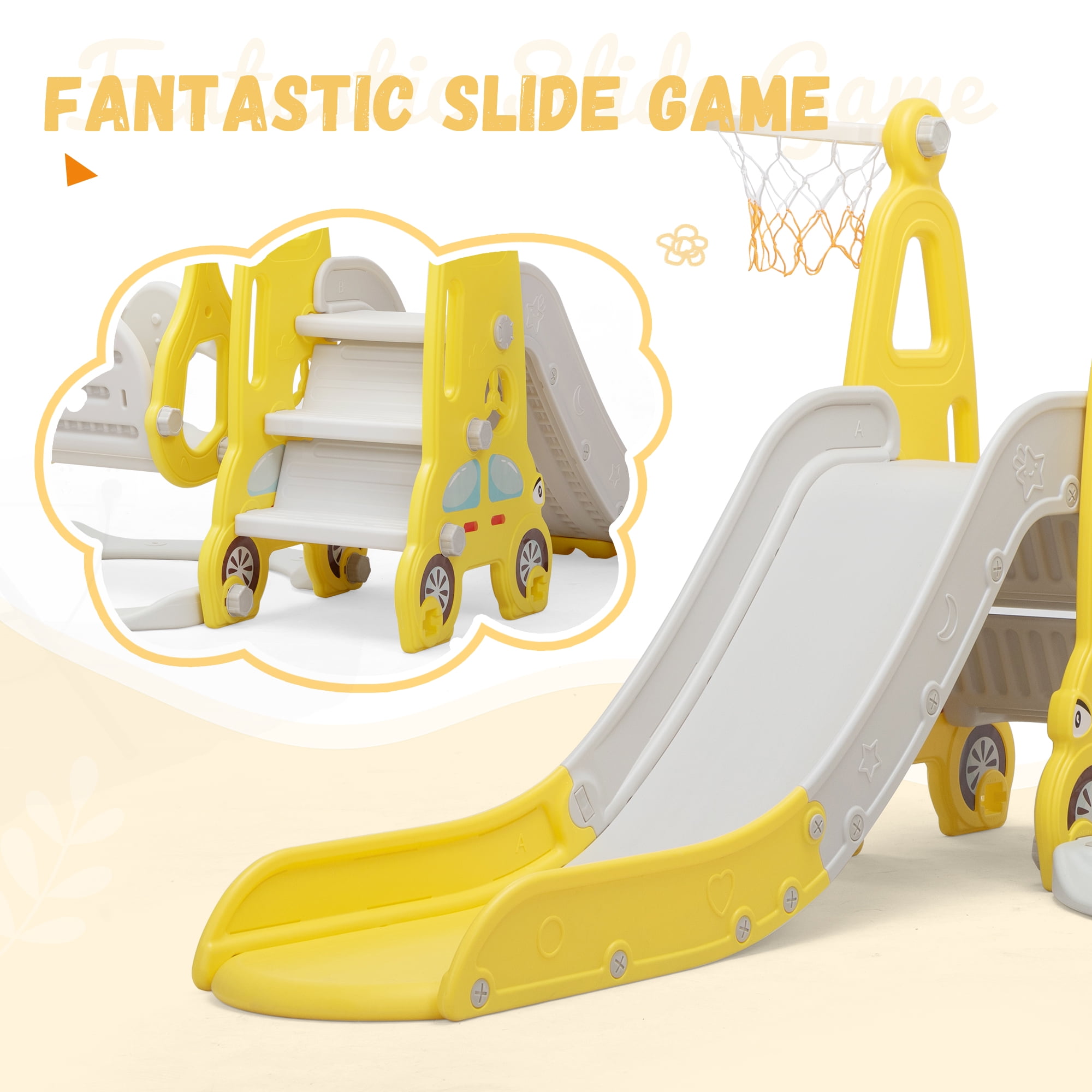 TOBBI 4 in 1 Toddler Climber and Swing Set, Play Climber Freestanding Slides Playset for Kids, Indoor Outdoor Playground Toy with Basketball Hoop & Ball Yellow