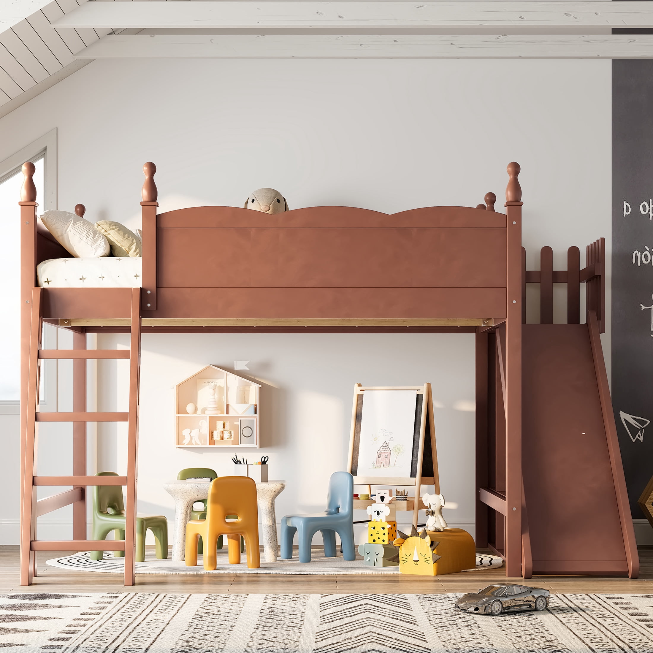 Noble House Queen Loft Bed with Storage Shelves, Detachable Slide and Ladder, Antique Natural
