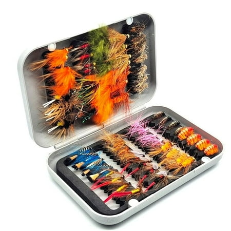 Trout Salmon Fly Fishing Flies Assortment Tackle box with 64 Fly Fishing Flies