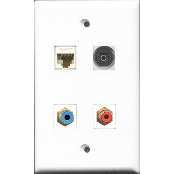 RiteAV 1 Port RCA Red and 1 Port RCA Blue and 1 Port Toslink and 1 Port Cat6 Ethernet White Wall Plate