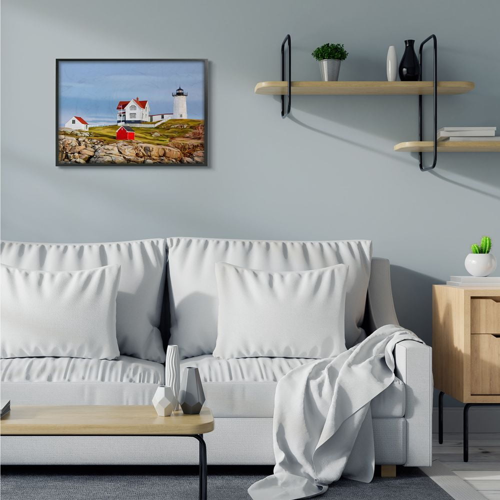 Stupell Industries Lighthouse On Hill Green Red Coastal Painting Framed Wall Art by Emily Kalina