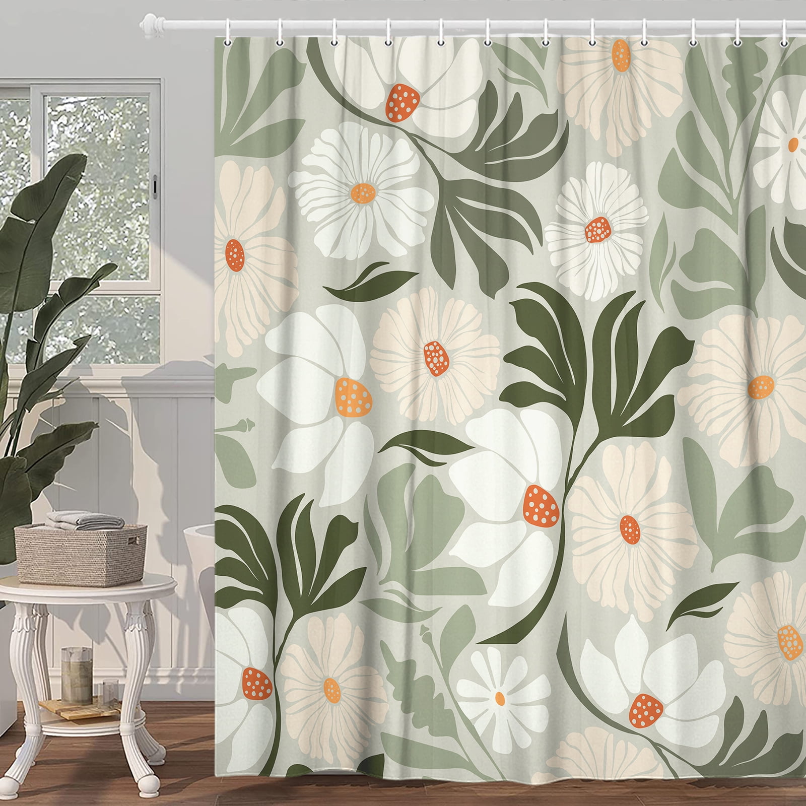 Cute Green Floral Shower Curtain for Aesthetic Bathroom Decor, Vintage Boho Farmhouse Modern Trendy Flowers Botanical Shower Curtain, Dark Green Plant Shower Curtain with 12PCS Hooks, 70X70IN