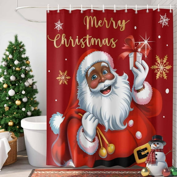 Black Santa Claus Merry Christmas Shower Curtain, 72" x 72", Xmas Snowflake Red Waterproof Bathroom Curtain Washable Shower Curtain Set with 12 Hooks