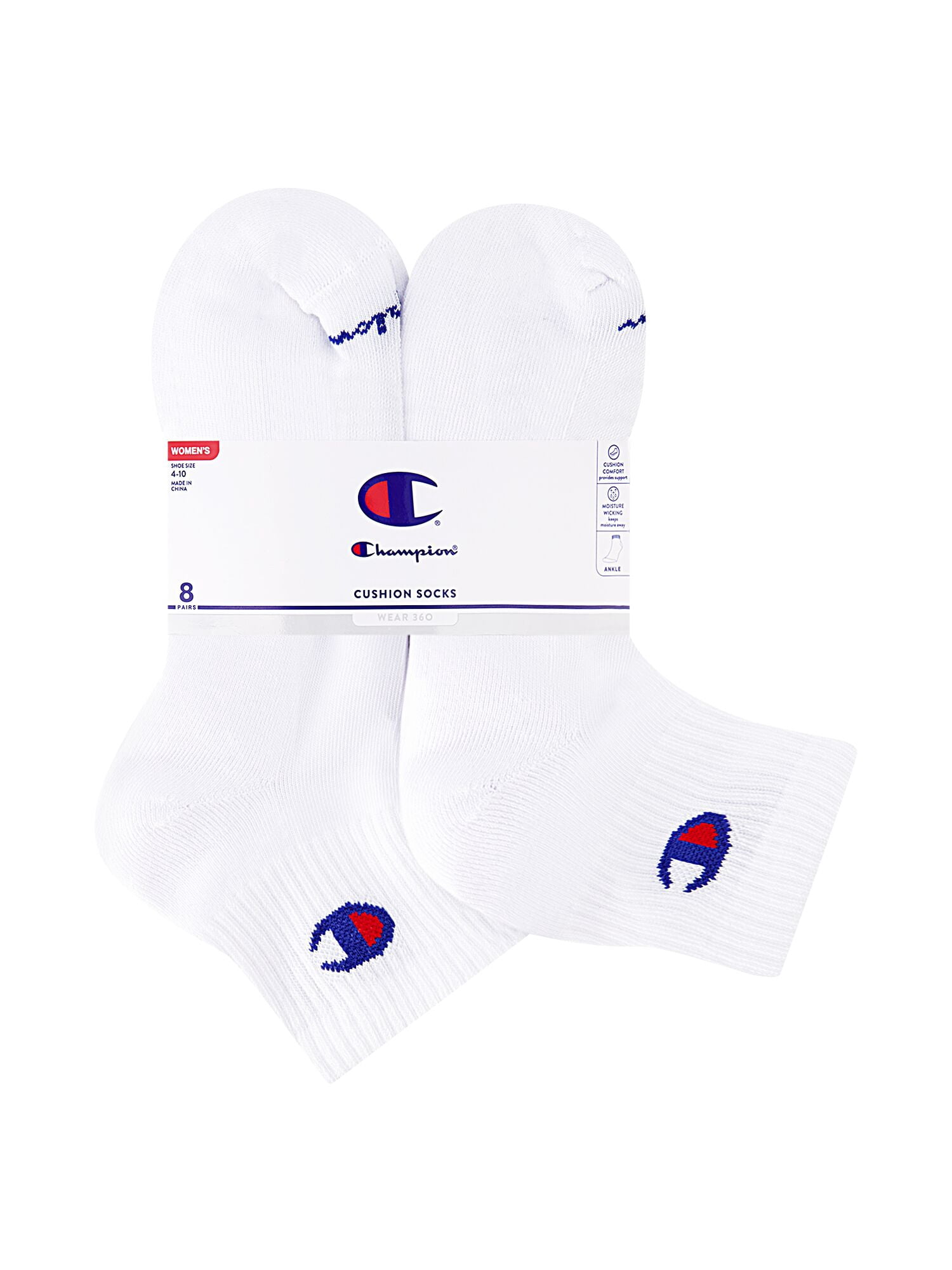 Champion Women’s Wear 360 Cushioned Ankle Socks, 8 Pack, Sizes 4-10