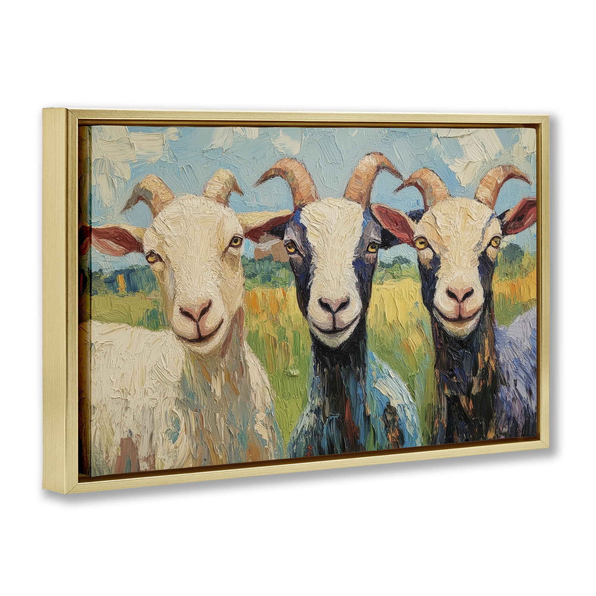 Stupell Industries Billy Goats in Bright Pasture Gold Framed Floater Canvas Wall Art, design by Petal Prints Design