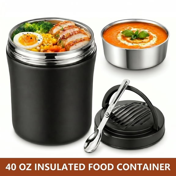 40oz Insulated Food Container, Leakproof Wide Mouth Stainless Steel Vacuum Insulated Food Container, 304 Stainless Steel Soup Container with Portable Handle for Travel and Daily Use