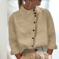 thumbnail image 2 of Lovskoo Women's 2024 Button Down Shirts Casual Solid Color Cotton Linen Standing Collar Long Sleeved Shirt Basic Shirts Khaki, 2 of 6