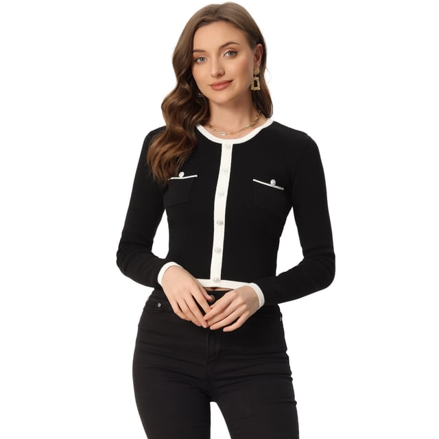 Suéter con Cuello Redondo Allegra K Camisa de Punto Acanalado Negro M Decoración de Botones