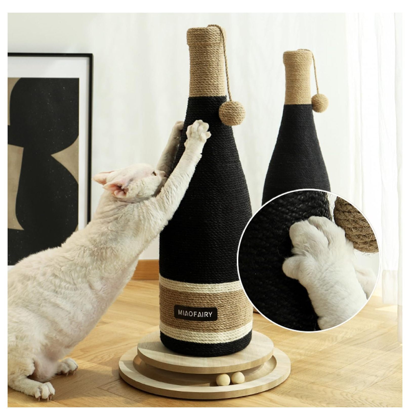 Cat Scratching Post, Premium Cat Scratching Board, Sisal Fiber Cat Scratcher-24.8 Inches with Hanging Ball, Red Wine Bottle Simple Design-Suitable Indoor Small and Medium Cats (24.8 in, Wooden Base)