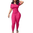 thumbnail image 2 of Oversized Tshirts for Women Women's 2 Piece Outfits Matching Knit Sweater Sets Pullover Tops and High Waisted Pants Tracksuit Sweatsuit Ndbuld Hot Pink L, 2 of 6