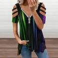 thumbnail image 2 of Stripe Color Womens Summer V Neck Zipper Top Short Sleeve T Shirt Off Shoulder Top Casual Classy Loose Shirts, 2 of 7
