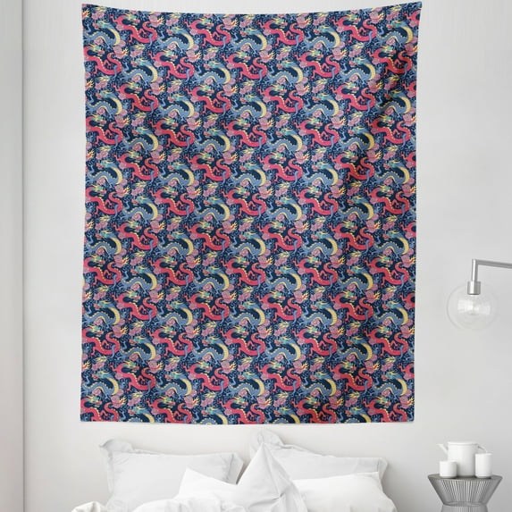 Dragon Tapestry, Highly Ornamented and Detailed Interpretations with Curves and Flowers, Fabric Wall Hanging Decor for Bedroom Living Room Dorm, 5 Sizes, Multicolor, by Ambesonne