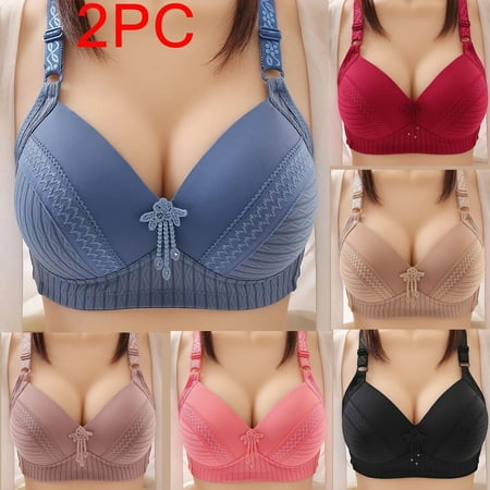 Dazajoo Plus Size Breathable Underwear for Women Comfortable Wireless Bralettes V Neck Seamless Bra Smooth Push Up Everyday Bras 2PC Pink 42