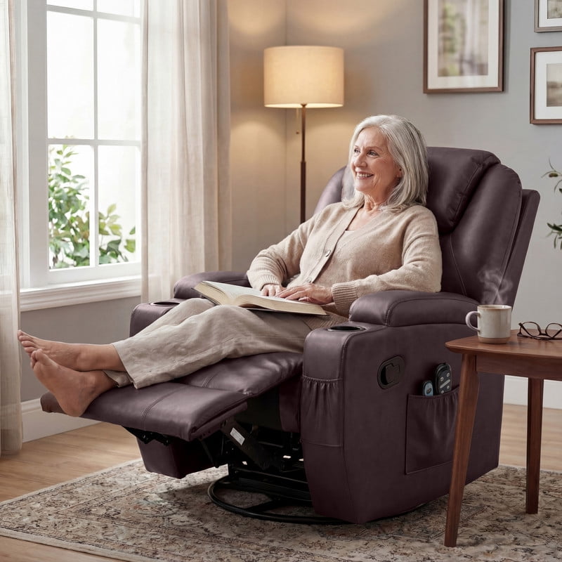 Vineego Massage Swivel Rocker Recliner with PU Leather Fabric Small Spaces Lounge Chair with Two Cup Holder for Bed Room,PU Brown