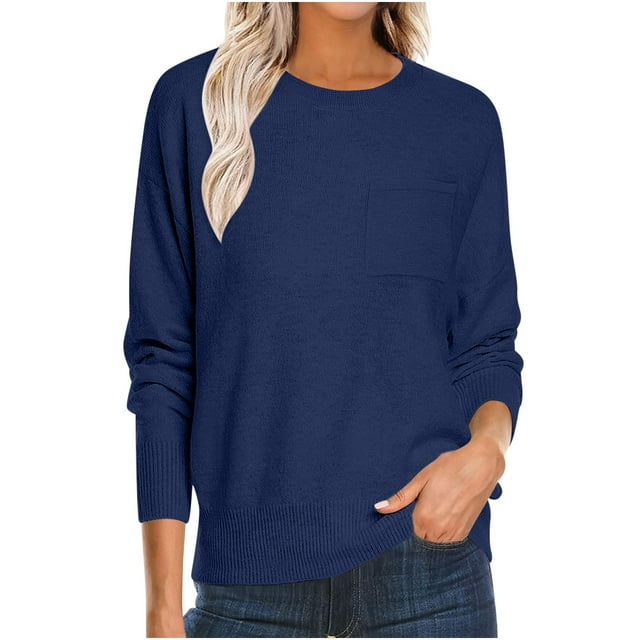 Chandail à Poche pour Femme 2025 - Tricot Léger / Chandail à Col Rond Surdimensionné