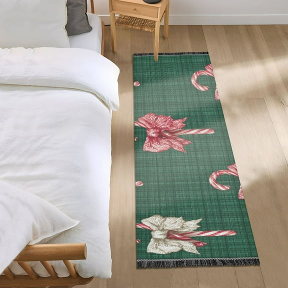 Green Plaids Bows on Candy Canes Christmas Bedside Runner Rug 2'x 6' Non Slip Carpet Floor Mat Area Rug