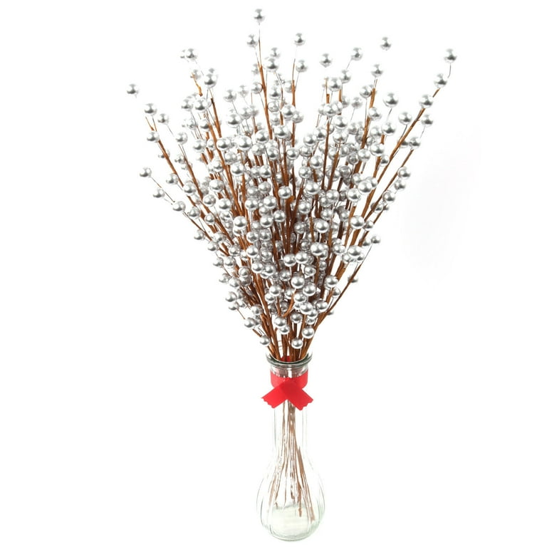 19 Silver Holly Berry Picks - Decorative Branch Sprays, 12-Pack