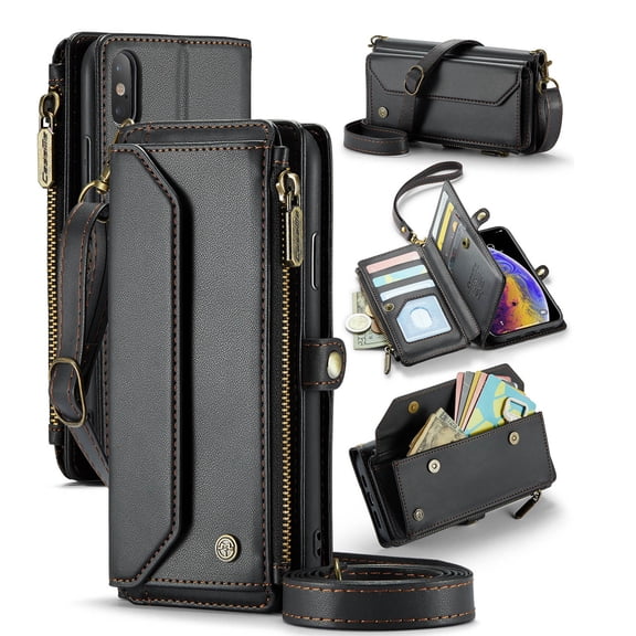 ShellTech Crossbody Wallet Women Men Bag Case for iPhone XS Max,Magnetic Leather Flip Case RFID Blocking 10-Card Holder Zipper Bills Slot Cash Pocket Stand Cover with Shoulder Wrist Strap,Black