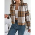 thumbnail image 4 of Women'S Cropped Plaid Shacket Jacket Button Down Long Sleeve Shirts Tops Khaki M, 4 of 7
