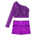 thumbnail image 3 of YONGHS Girls Jazz Hip Hop Dance Outfits Sequins One Shoulder Crop Top with Shorts Set Purple 16, 3 of 7